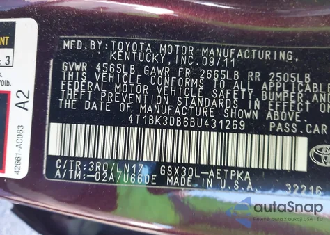2011 Toyota Avalon Limited z USA, uszkodzony, nr VIN 4T1BK3DB6BU431269